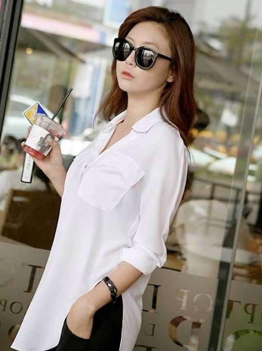 Áo sơ mi form dài xẻ eo dv2036