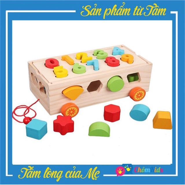 Xe ô tô thả hình, số, miếng ghép, đồ chơi gỗ, đồ chơi trí tuệ - chôm kids
