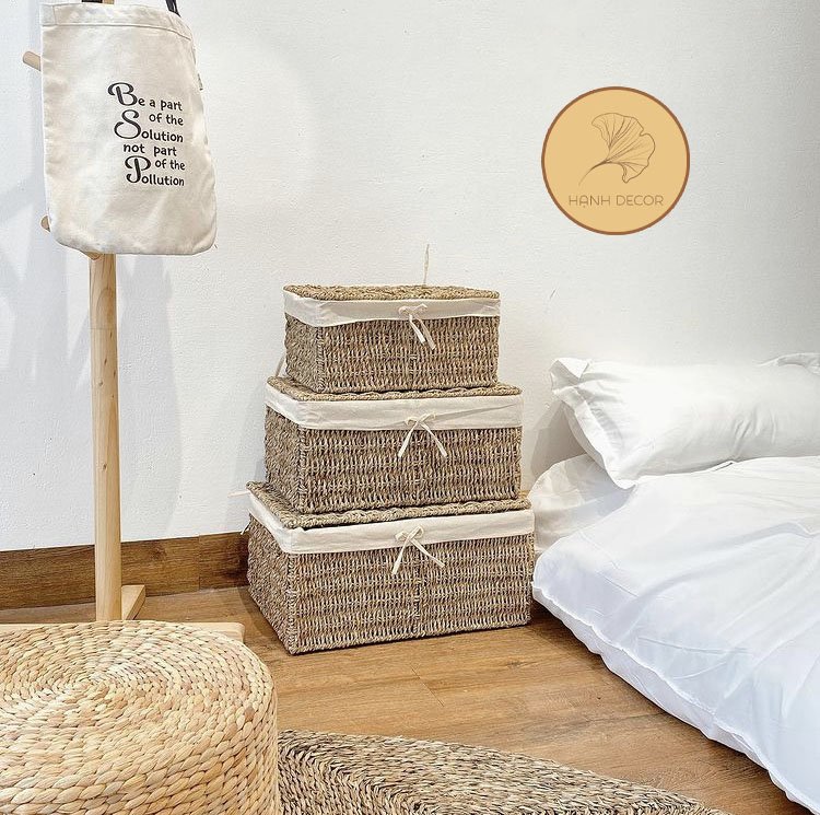 Giỏ cói chữ nhật - đựng đồ cất gọn, trang trí có nắp có lót hanhdecor