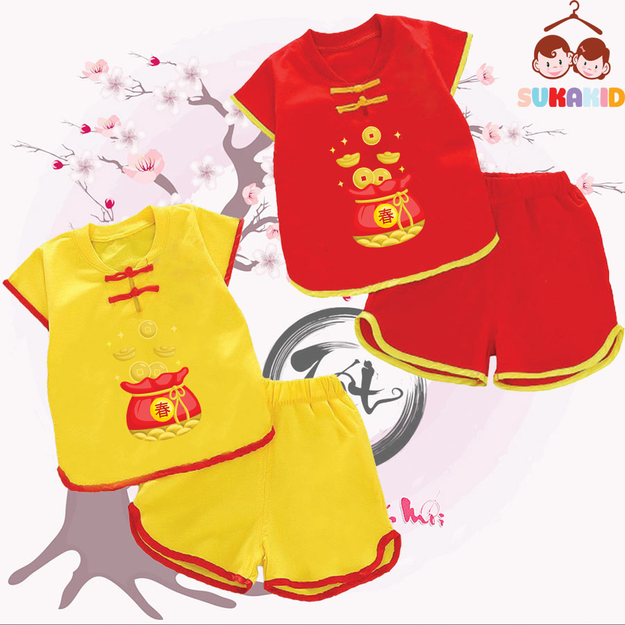 Combo 2 Bộ quần áo tết đồ tết cho bé nút tàu tết xuâncho bé từ 6kg-29kg.NT02.