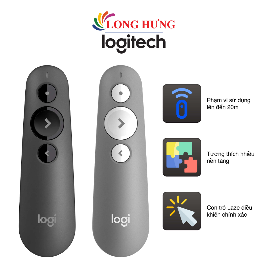 SIÊU SALE 50% Bút trình chiếu Logitech R500s - Hàng chính hãng - Con trỏ Laze chính xác nhỏ gọn dễ sử dụng khoảng cách đến 20m kết nối: đầu thu USB hoặc kết nối Bluetooth BH 12 tháng