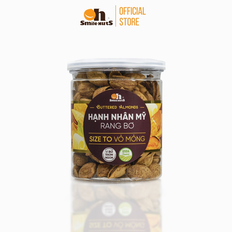 Hạt Hạnh Nhân Mỹ còn vỏ Rang bơ Smilenuts _ Trọng lượng 215g/350g/500g _ Hạnh nhân Mỹ nguyên vỏ size lớn, vỏ mỏng, rang bơ thơm ngọt, béo bùi _ Hạnh nhân Mỹ rang bơ cao cấp theo tiêu chuẩn Mỹ