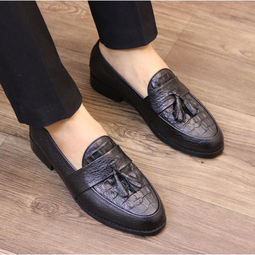 GIÀY LƯỜI NAM - CHẤT LIỆU DA PU - DẬP VÂN CÁ SẤU - MÃ X091 - MÀU ĐEN - CÓ CHUÔNG