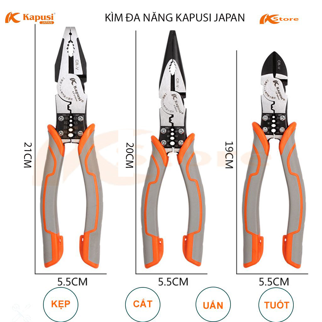 Tổng hợp các mẫu kìm điện - kìm cắt - kìm nhọn đa năng cao cấp 4 trong 1 kapusi japan. các chức năng kẹp - cắt - uấn - tuốt dây từ 1.0, 1.5, 2.5, 4.0, 6.0mm, kềm điện tiêu chuẩn nhật bản