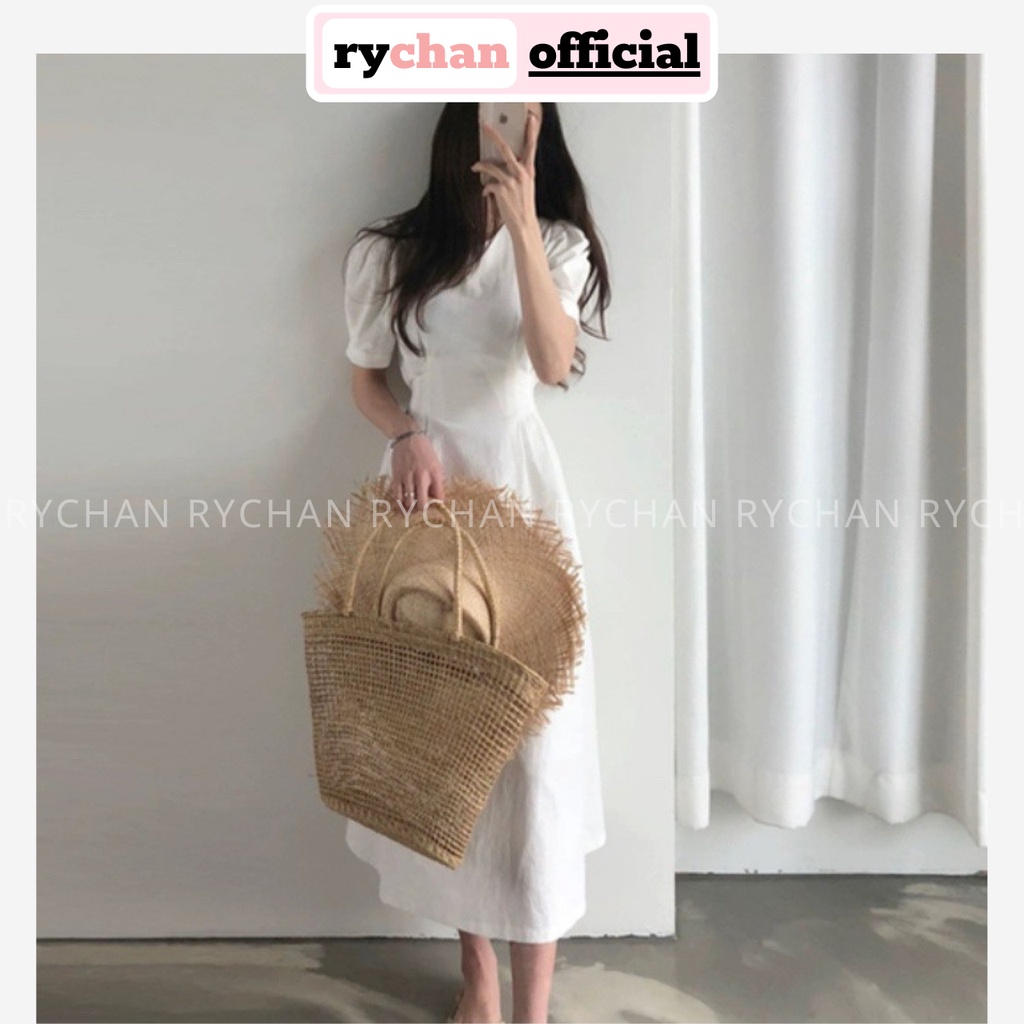 Đầm Xòe Midi Tay Phồng Cột Eo 2 Màu Đơn Giản  - DX0069