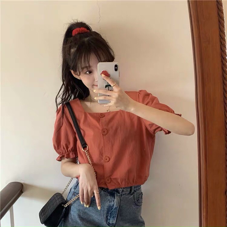 Áo kiểu voan cổ vuông ngắn tay nút gài dễ thương TTSA1086