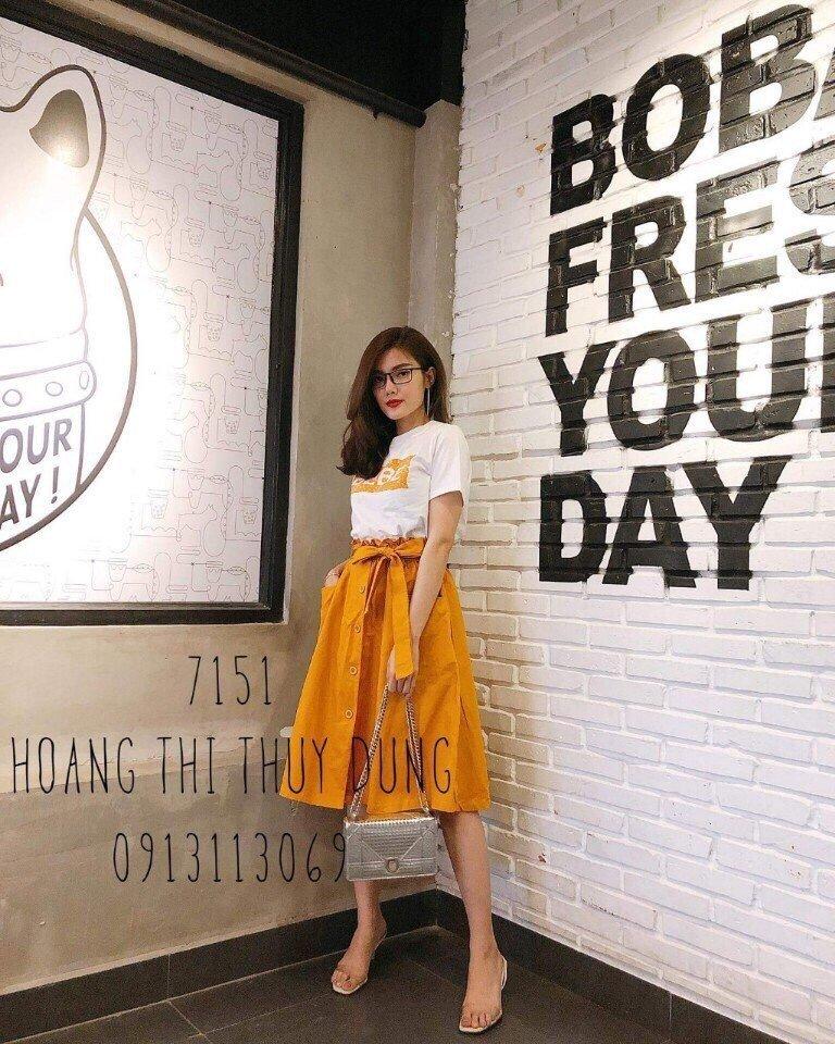 Set Áo Thun Phối Chân Váy Nút Cột Nơ TTS0019