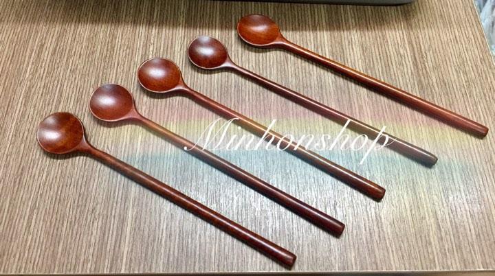 Set 5 cây muỗng khuấy gỗ dài cao cấp kiểu đầu tròn