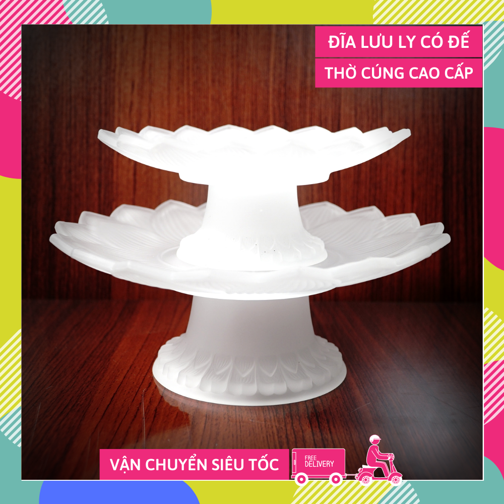 Dĩa thờ đĩa trái cây thờ cúng lưu ly trắng sen nở cao cấp VIP - Nhiều cỡ