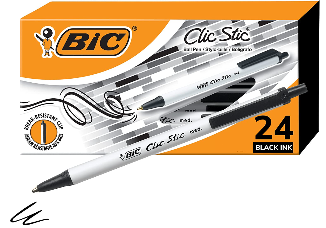 Bút BIC Clic Stic Black Retractable Ballpoint Pens, Medium Point , 24-Count Pack, Round Barrel Design for Comfort