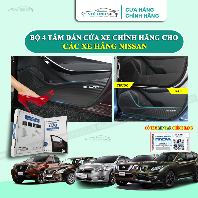 Bộ 4 Tấm dán Tapli xe Nissan ALMERA, Navara, Teana, Terra chính hãng MINCAR, chống xước tapi cửa ô tô bằng Carbon Air Fiber cao cấp