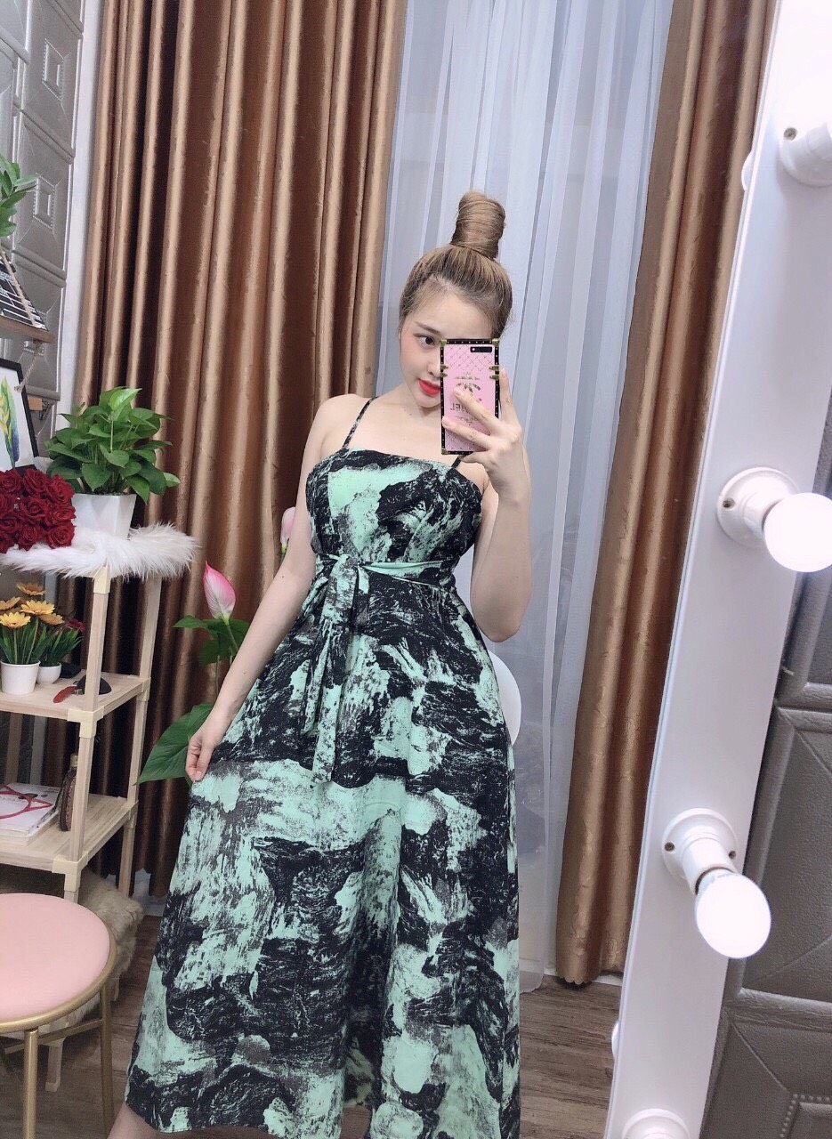 Đầm maxi hai dây họa tiết  + Ảnh thật