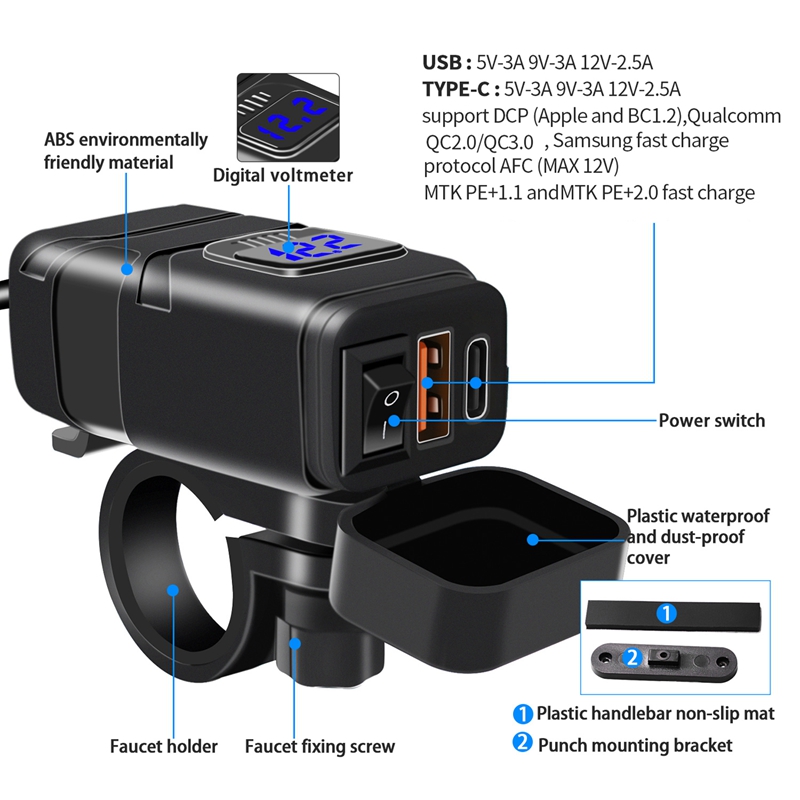 Powstation QC3.0 Motorcycle USB+Type-C Charger Waterproof Cell Quick Charger Autocycle USB Socket with Voltmeter