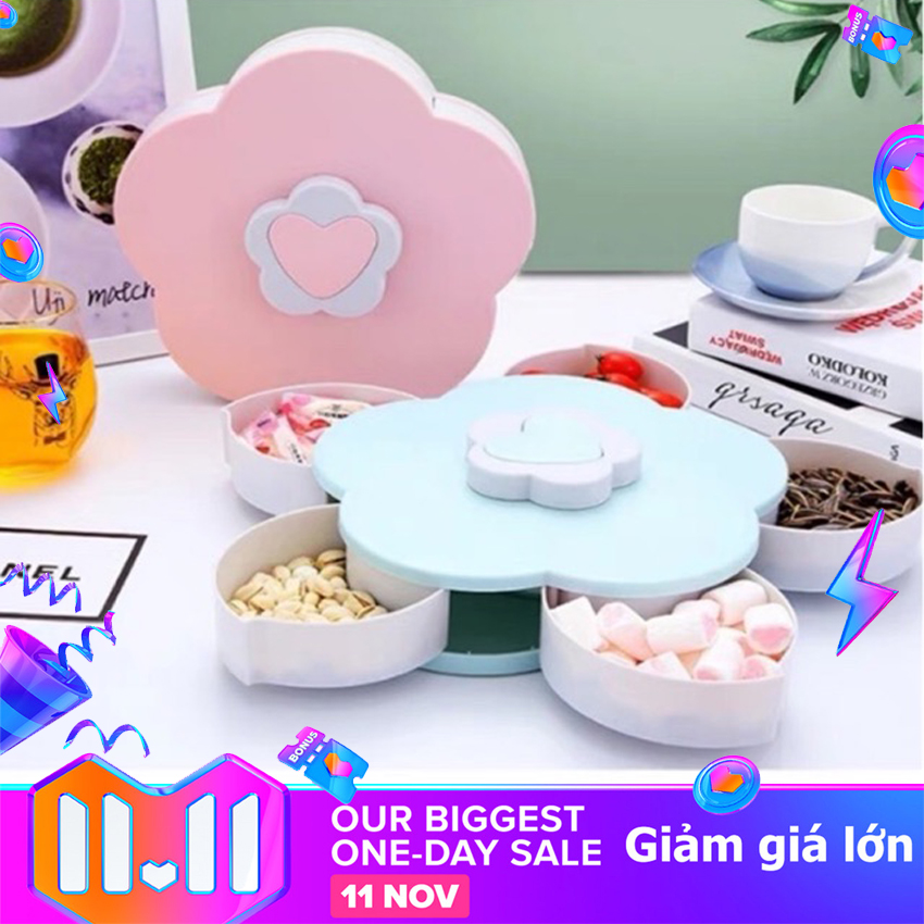 Khay đựng mứt tết- Hộp đựng mứt tết 2023- Khay đựng bánh kẹo tết hình hoa sen 1 tầng 5 cánh xoay, Hộp Đựng Mứt Tết mẫu mới 2023