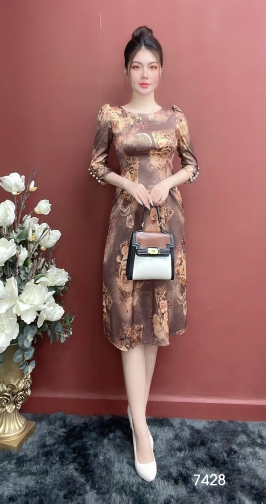 Đầm EMY EM7428 Xoè A Lụa Vân Pháp LVP Tay Lỡ
