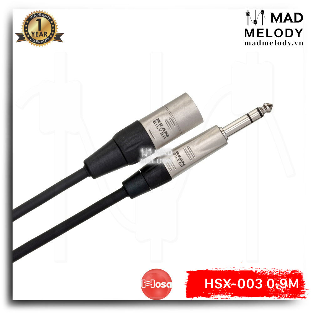 Hosa Pro Balanced Interconnect HSX-003 (0.9m) (REAN 1/4in TRS - XLR3M) (Dây cáp loa kiểm âm soundcard DJ controller mixer 6ly 6.35mm đực canon XLR đực, Brand New)
