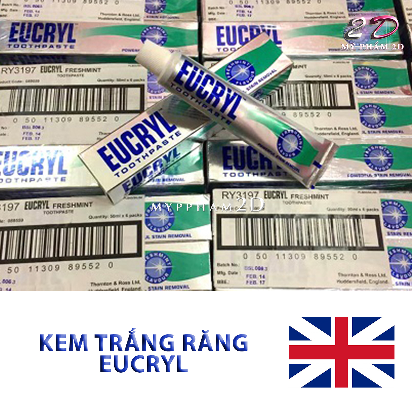 Kem đánh trắng răng Eucryl Freshmint Toothpaste Anh Quốc 62g [Đá dán răng 2D]