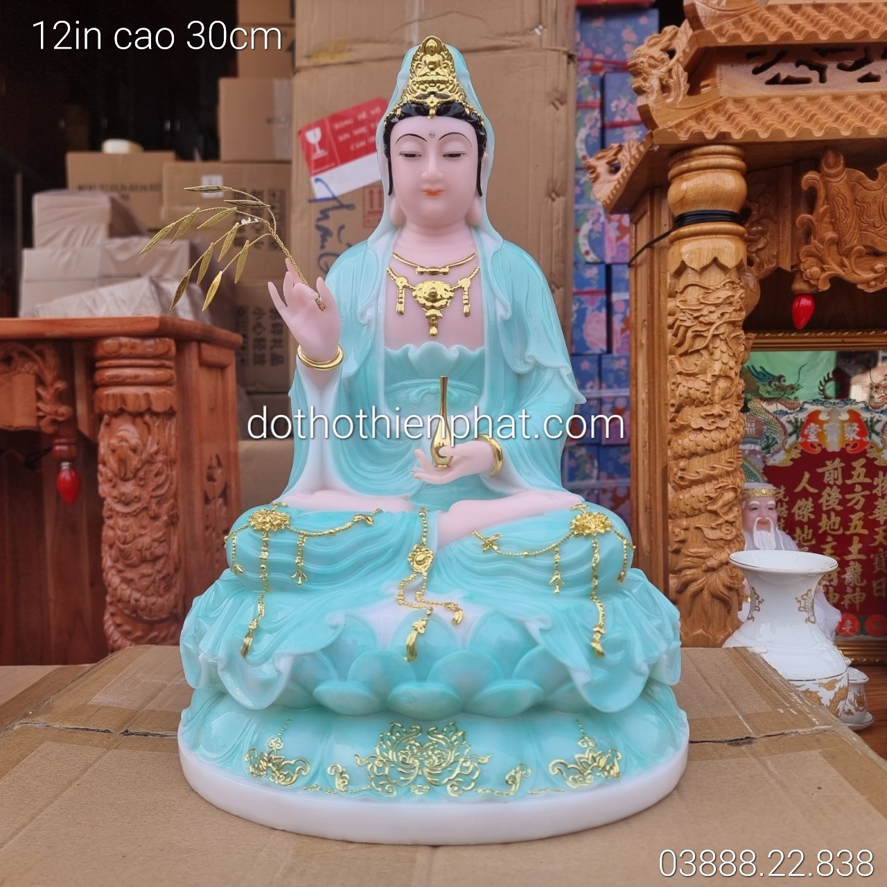 Tượng Quan Âm đá xanh 12in cao 30cm mẫu mới rất đẹp
