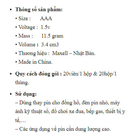 Pin AAA Alkaline Maxell chính hãng ( 10 vỉ 20 viên)