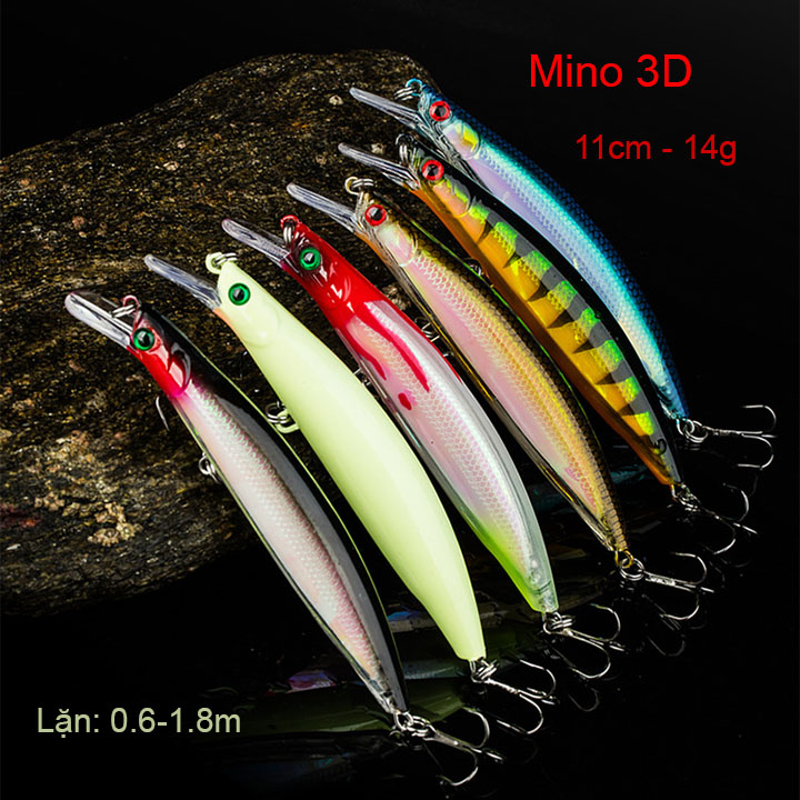Mồi câu lure Mino 3D dài 11cm nặng 14g câu cá chẽm, tráp, hồng, cá măng - mino 3D hộp ( Ngu Long )