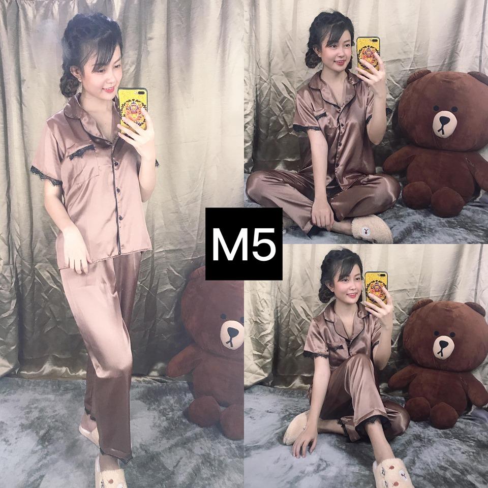 [HCM]Set Đồ Bộ Nữ Pijama Tay Ngắn Quần Dài Phi Lụa Phối Ren Đen Siêu Sang