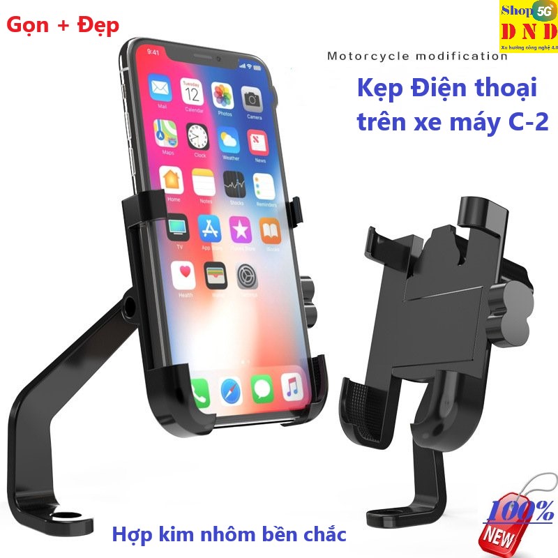 Kẹp điện thoại lên xe máy C-2, hợp kim nhôm (Bền, gọn, đẹp) Giá đỡ xe, khung treo điện thoại trên xe máy. Hỗ trợ xoay 360 độ