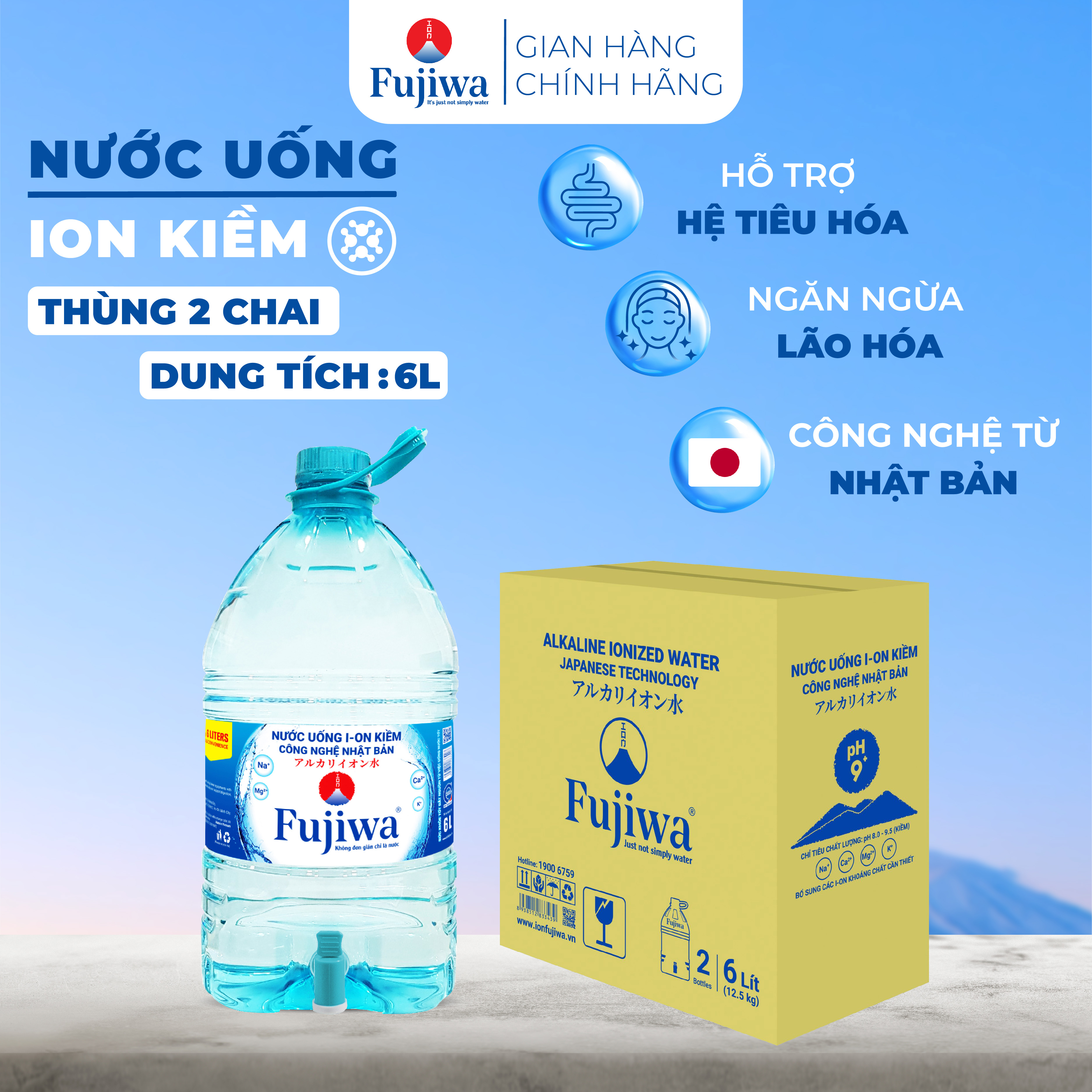 Nước uống ion kiềm Fujiwa 6L có vòi 2 bình Thùng