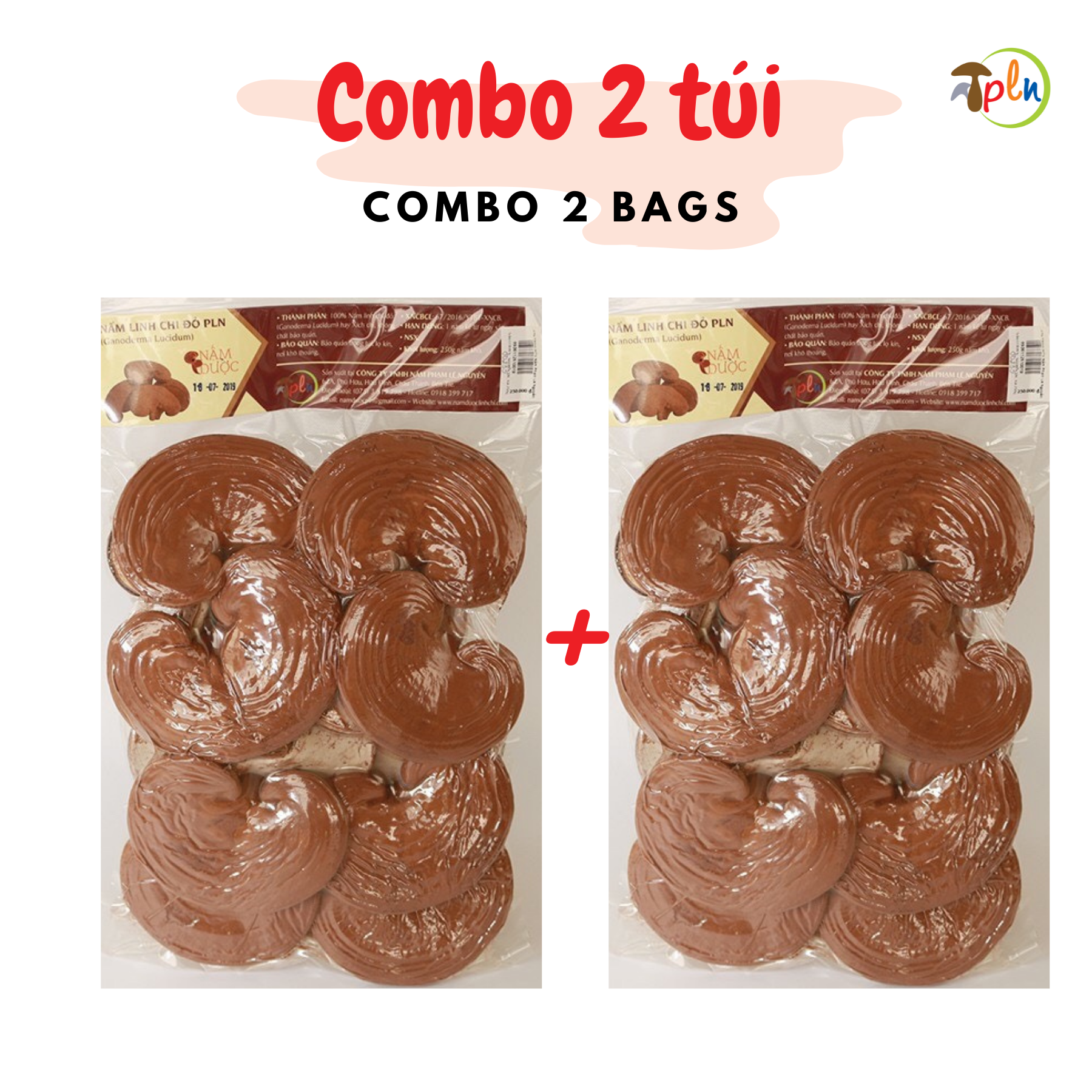Combo 2 túi nấm linh chi đỏ pln - nguyên tai. túi 250g - xích chi