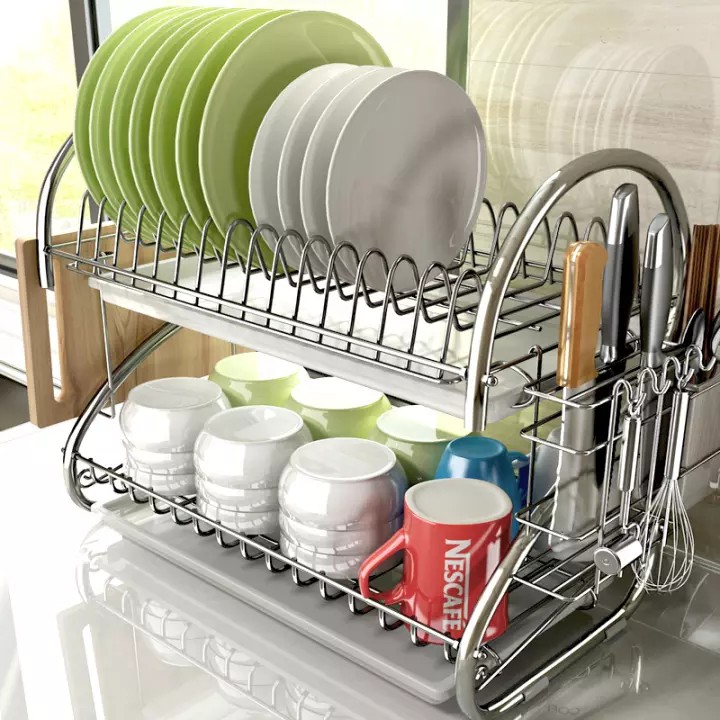 Kệ úp bát inox 2 tầng hình chữ s - giá úp bát đĩa inox 2 tầng chắc chắn có khay hứng nước tiện dụng