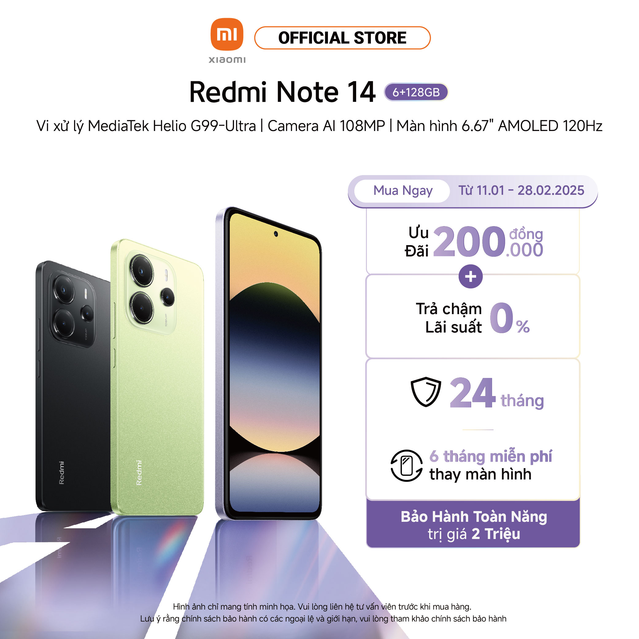 Điện thoại thông minh Redmi Note 14 6GB/128GB | Camera AI 108MP | MediaTek Helio G99-Ultra | Pin 550