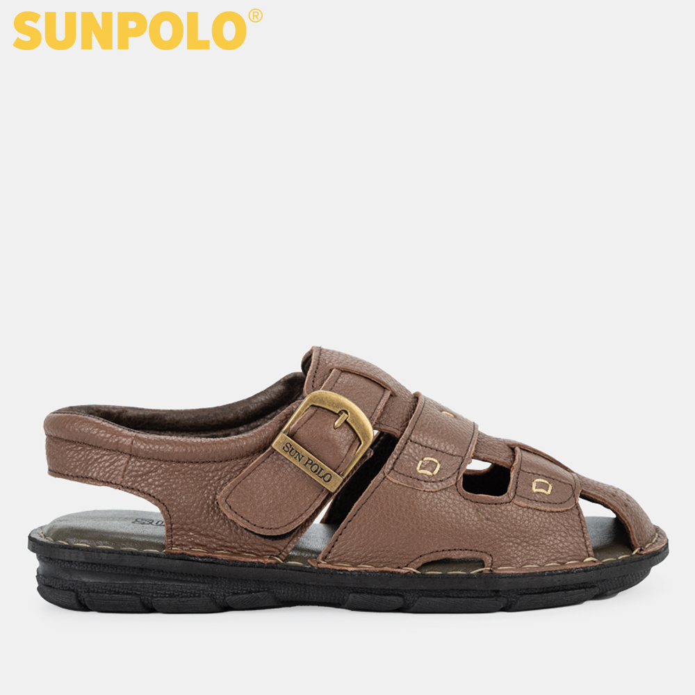 Dép Sandal Nam Da Bò Bít Mũi SUNPOLO SDA020 (Nâu)
