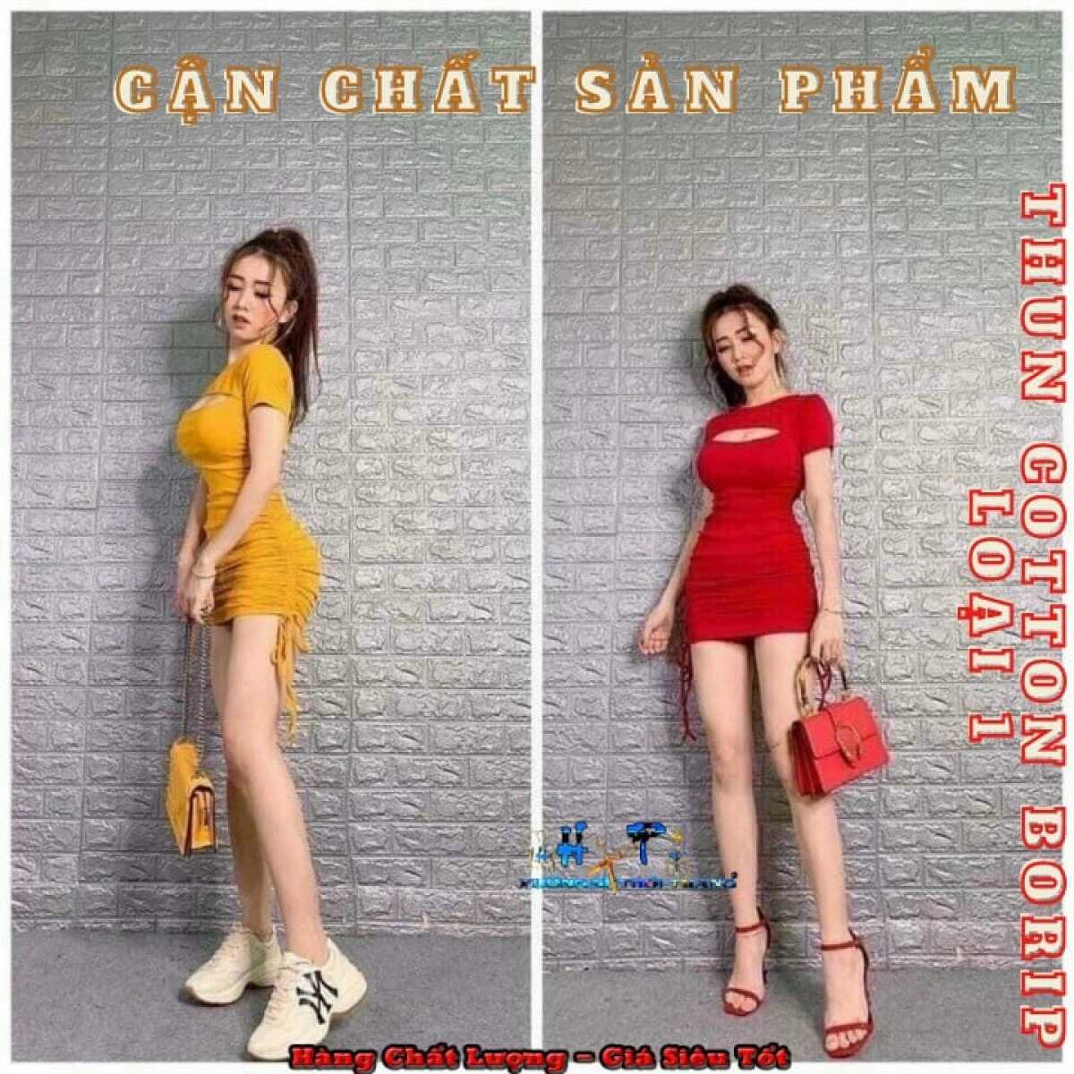 [HCM]Váy đầm body ngắn tay xẻ ngực rút eo mẫu 2021