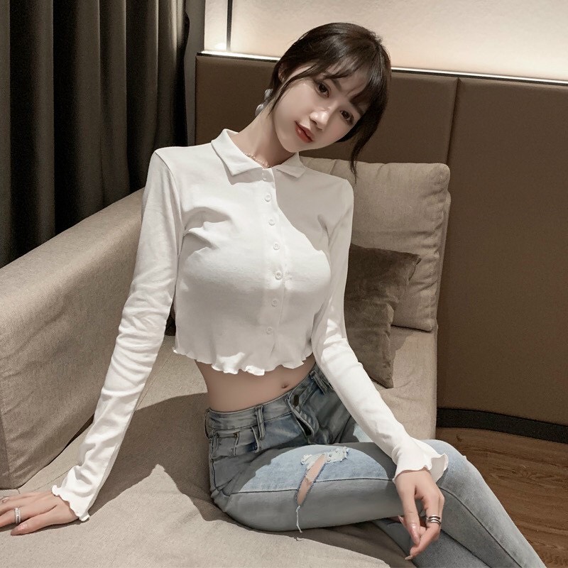 Áo croptop borip cổ bẻ phối nút mặc kiểu sexy TTSA1005