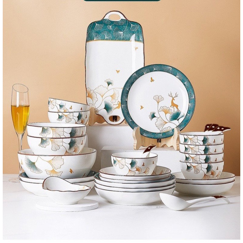 Bộ bát đĩa gốm sứ decor cao cấp sang sịn mịn, Sét 13 món