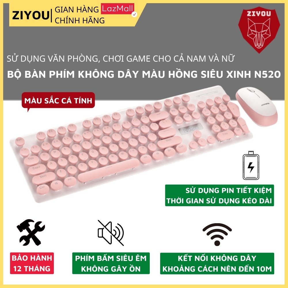 Bộ Bàn Phím Và Chuột Không Dây Màu Hồng Siêu Xinh N520, Phím Gõ ÊM, Kết Nối USB 2.4GHz Siêu Nhanh, Dùng Chip Tiết Kiệm Pin, Thiết Kế Mỏng Nhẹ Dễ Dàng Di Chuyển, Dùng Cho Máy Tính, Laptop, Tivi - ZIYOU