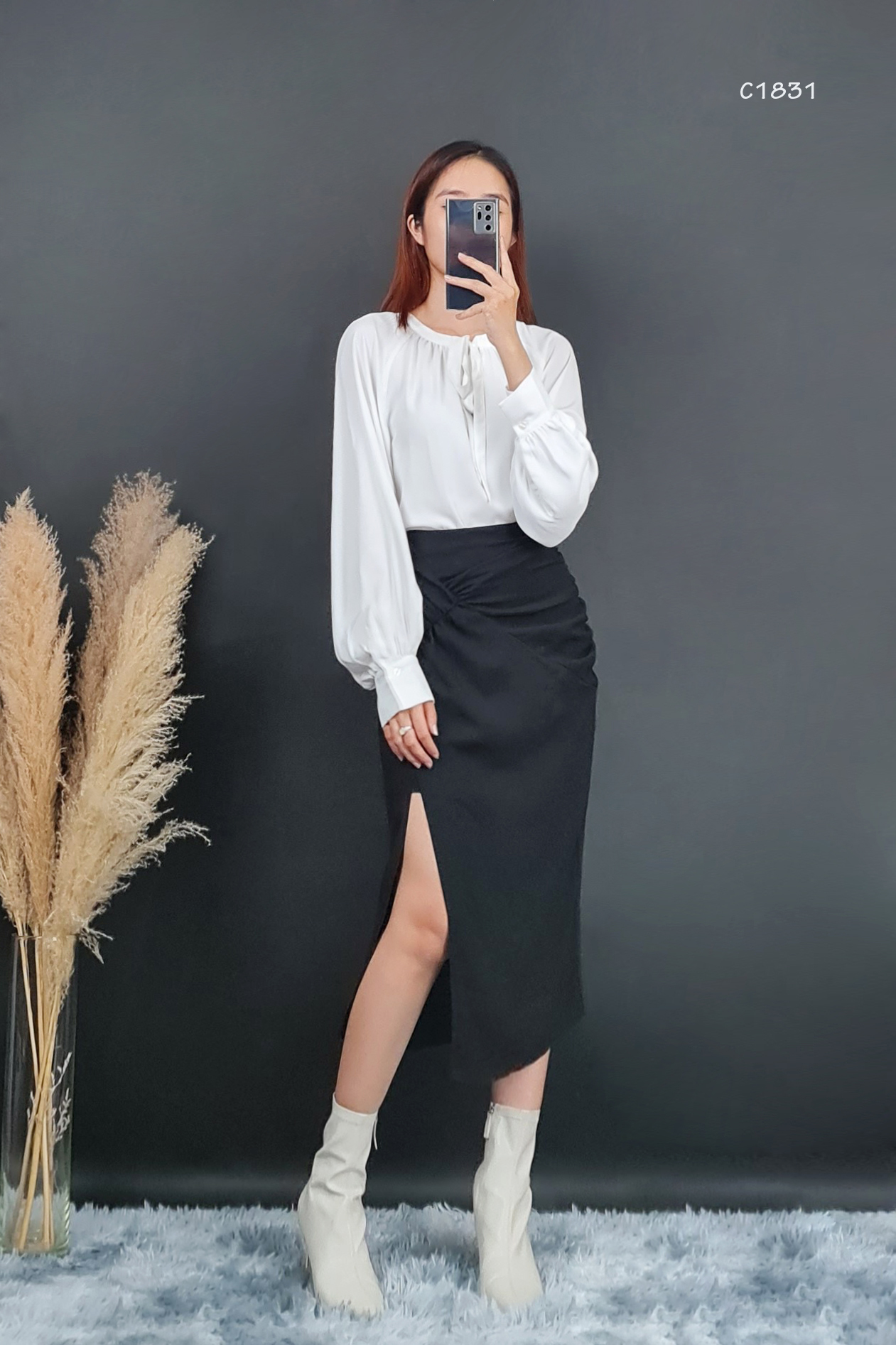 C1831 - áo sơ mi voan cột nơ cổ, trơn