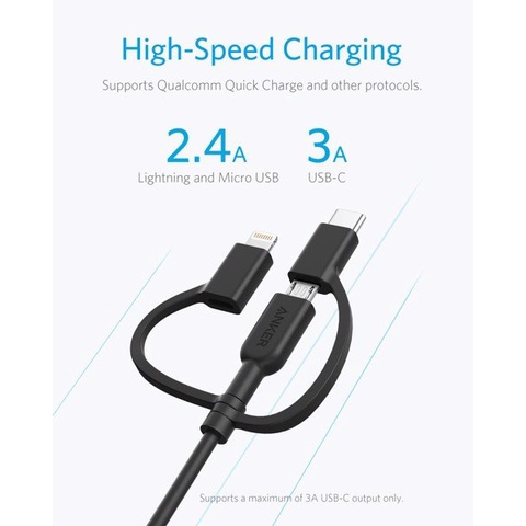 [GIAO HỎA TỐC]Cáp 3 in 1 Anker Powerline II 0.9M-A8436 (-Type C-Micro USB) dành cho IP/tablet táo/Android
