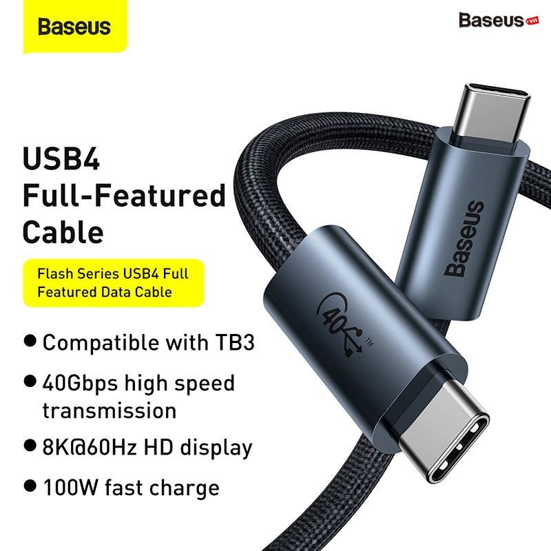 Cáp sạc siêu nhanh, dây sạc nhanh Baseus Flash Series USB4 Full Featured Data Cable Type-C to Type-C 100W 40Gbps