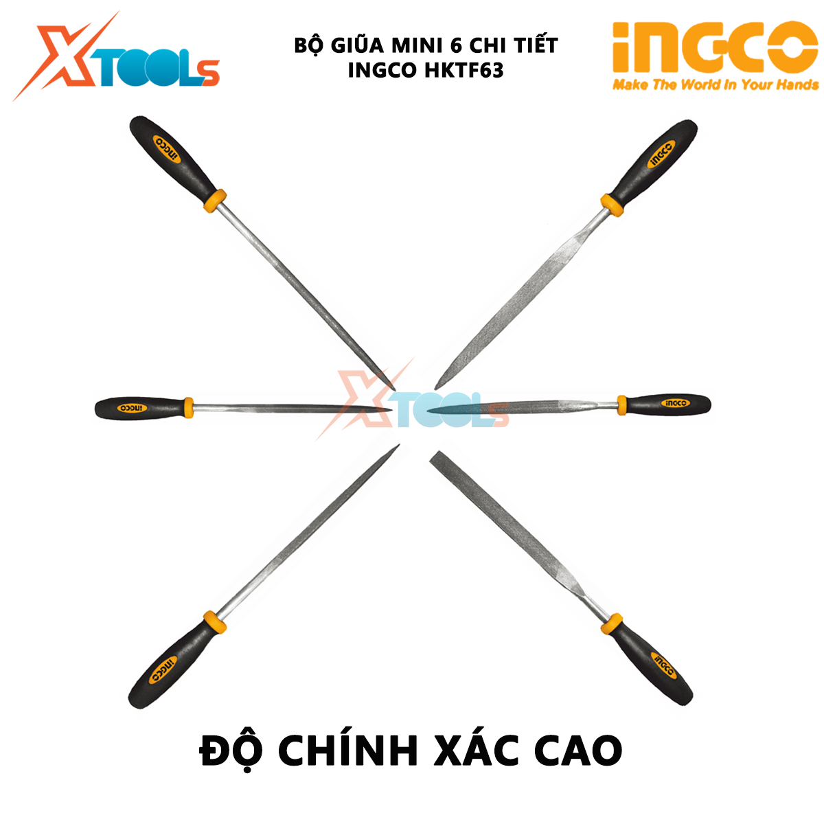 Bộ giũa mini 6 chi tiết INGCO HKTF63 | Bộ 6 giũa sắt Kích thước 4"(140mm) đường kinh 3mm chất liệu cao cấp XTOOLs