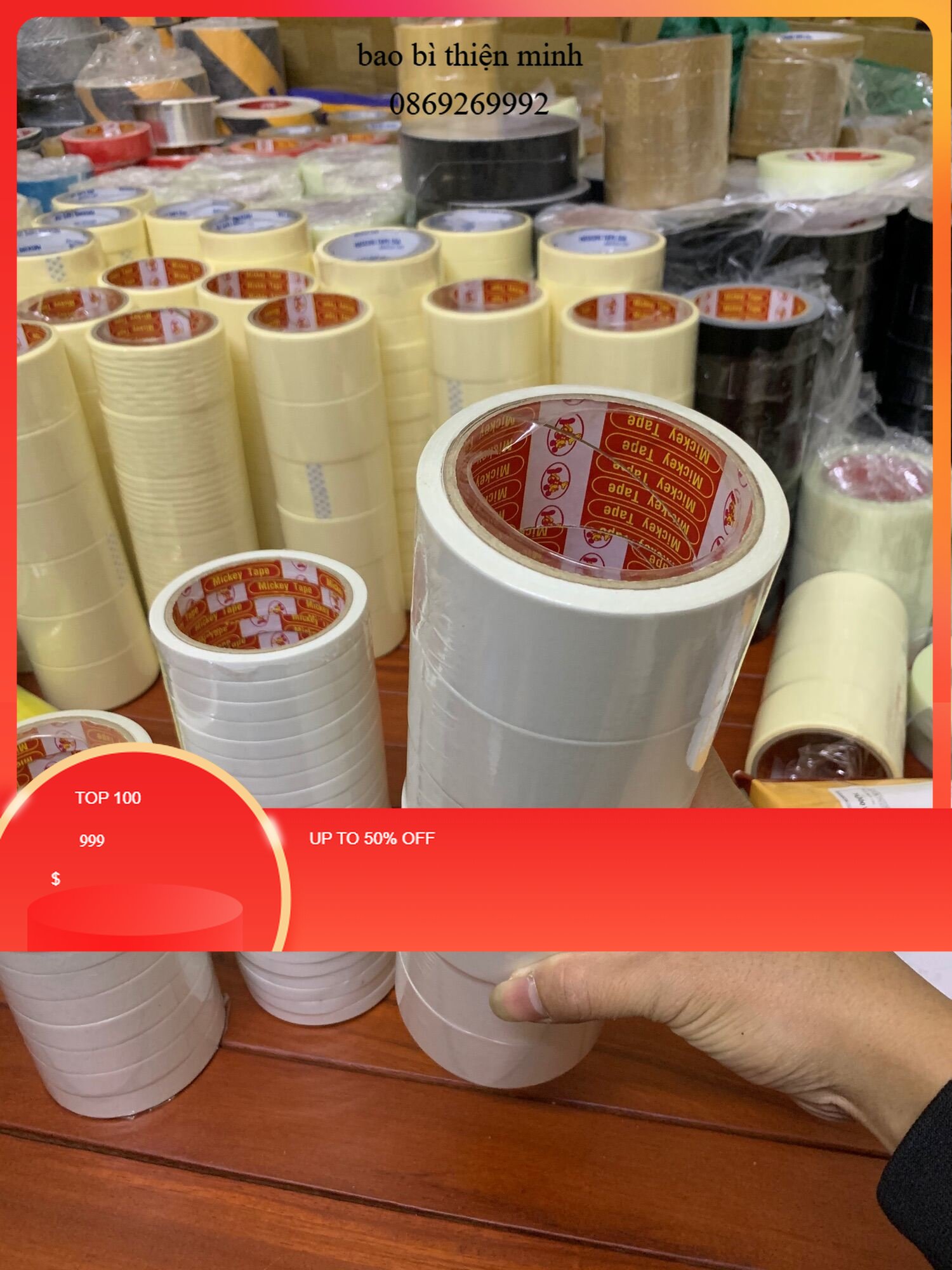 1cây 30 cuộn Băng keo 2 mặt dài 10m đủ sizi