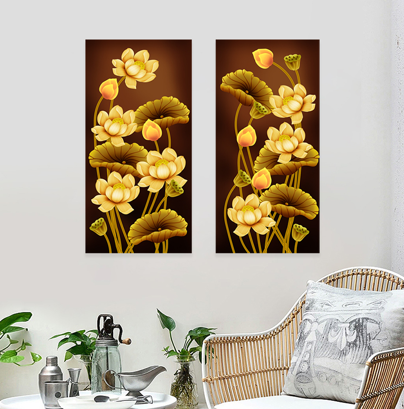 Tranh dán tường Cặp Hoa Sen trang trí bàn thờ phòng thờ loại cao cấp nhiều kích thước SenCap_001_002
