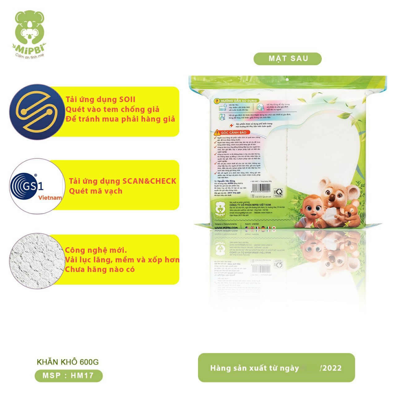 KHĂN KHÔ ĐA NĂNG MIPBI BỊCH 600g (Mẫu Mới- Có Tem Chống Hàng Giả)