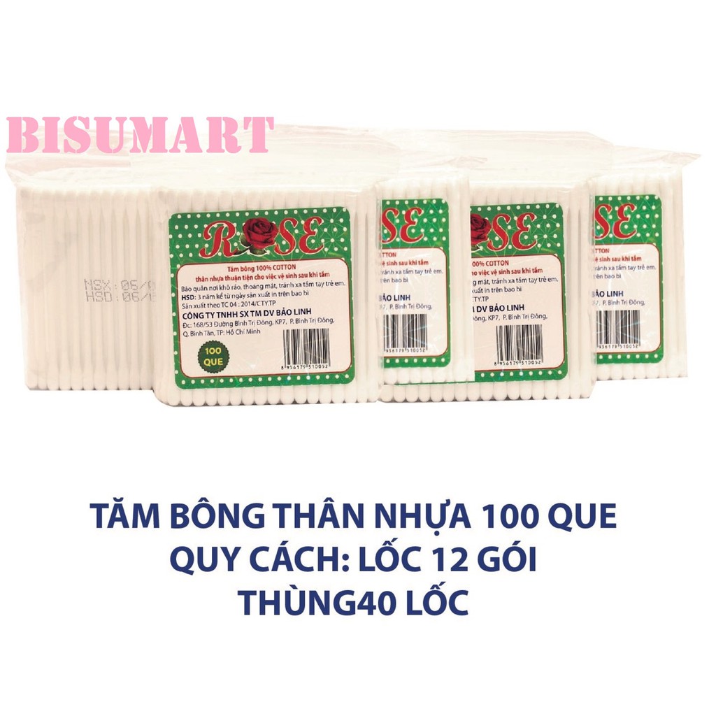 Tăm bông, bông ráy tai thân lõi nhựa bịch rose 100 que