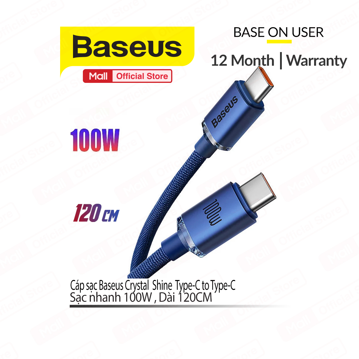 Cáp sạc nhanh 100W Baseus Crystal Shine Type-C to Type-C truyền dữ liệu cho Android dài 120CM
