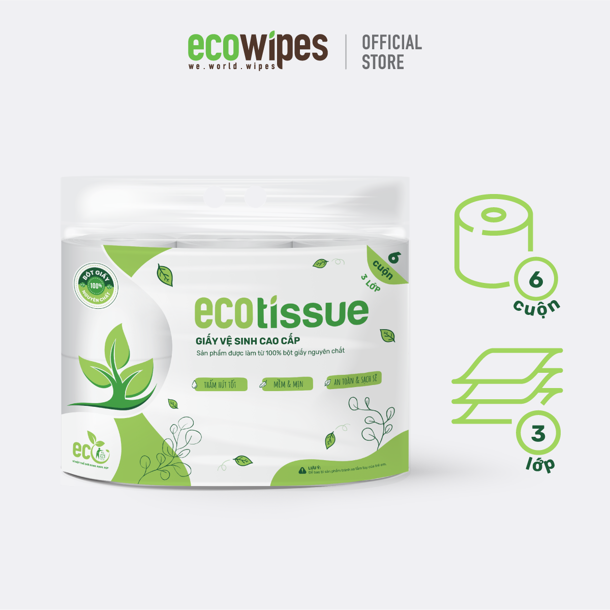 Giấy Vệ Sinh Cao Cấp 3 Lớp EcoTissue - Lốc 6 cuộn