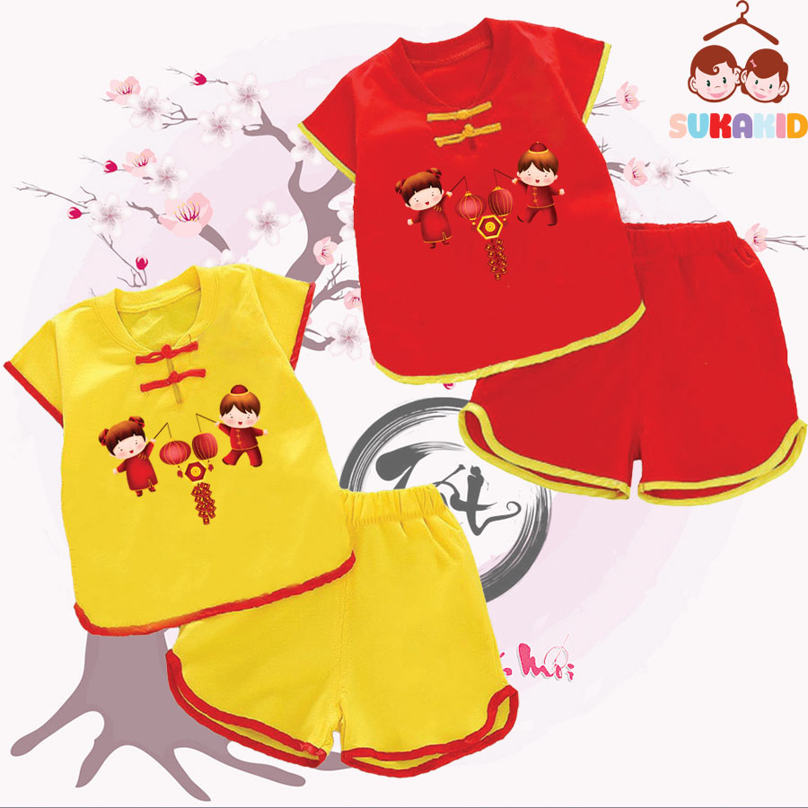 Combo 2 Bộ quần áo tết đồ tết cho bé nút tàu tết xuân cho bé từ 6kg-29kg.NT04.