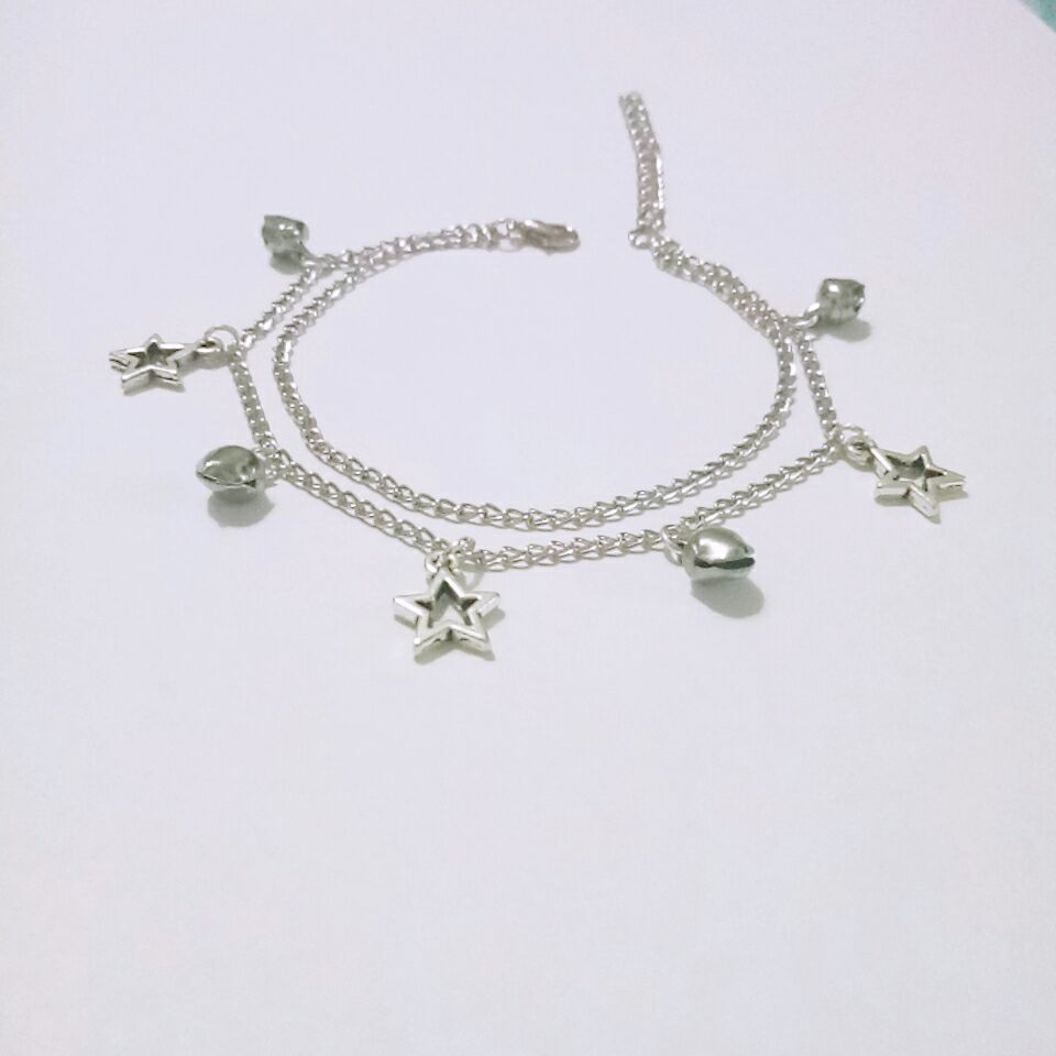 (Siêu phẩm) Lắc chân 2 tầng màu bạc hình ngôi sao kèm chuông cao cấp