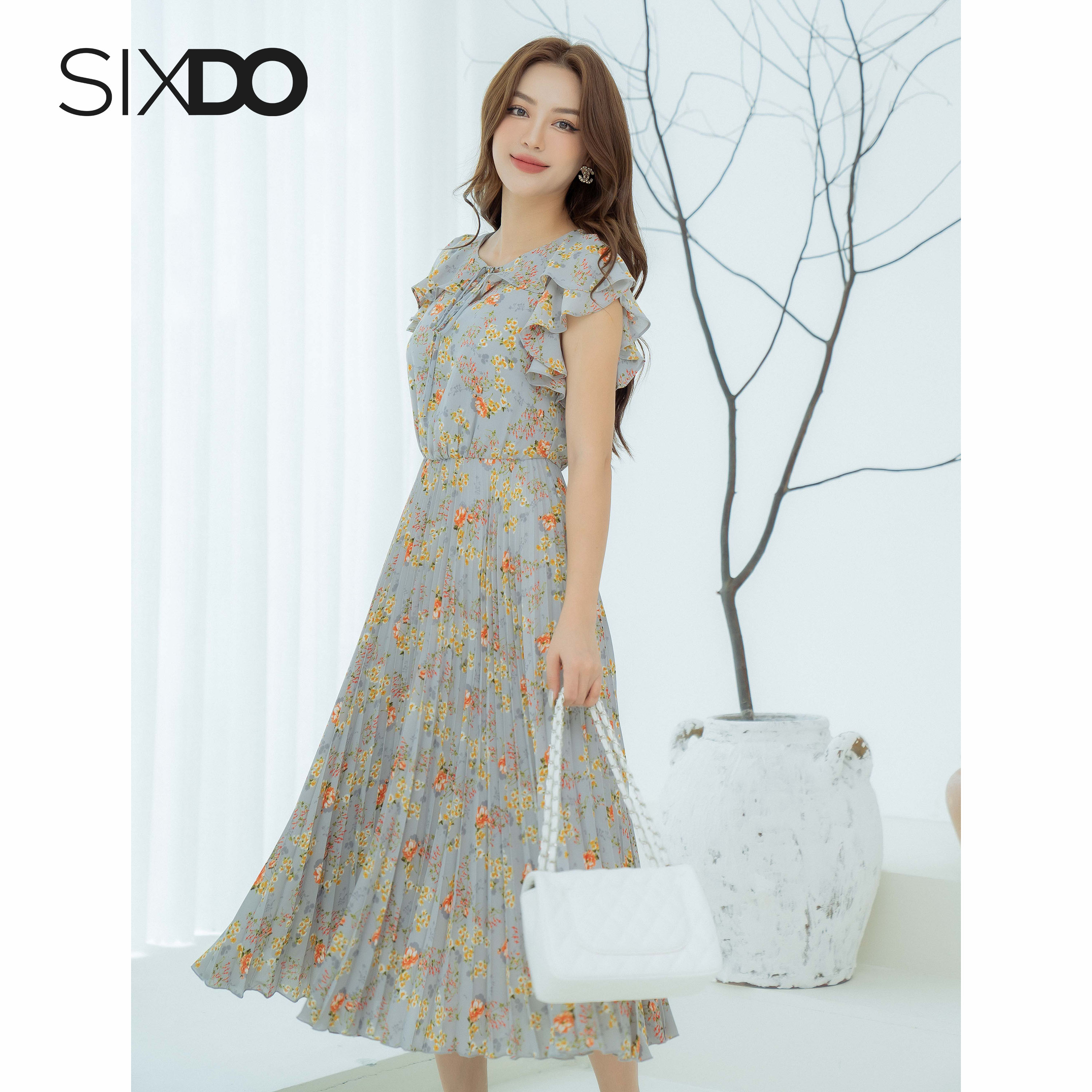 Đầm maxi hoa chiffon xếp ly SIXDO (Grey Floral Maxi Chiffon Dress)