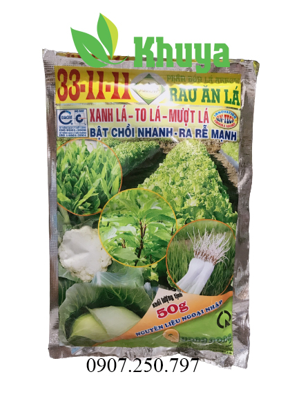 Phân bón lá rau ăn lá 33-11-11 gói 50gr xanh lá - dày lá - mượt lá