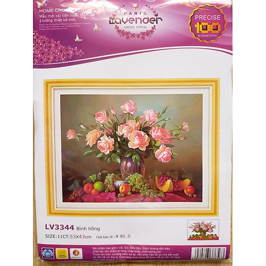 Tranh thêu chữ thập bình hoa hồng cổ LV3344 - kích thước 53 * 43